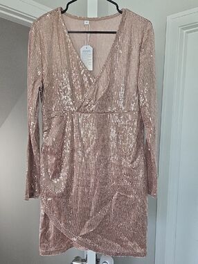 Long Sleeve Sequin Wrap Dress in Blush Pink